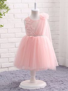 Discount Baby Pink Zipper Little Girl Pageant Gowns Appliques and Hand Made Flower Sleeveless Knee Length