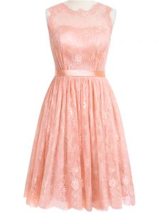 Peach Scoop Neckline Lace Wedding Party Dress Sleeveless Zipper
