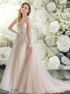 Romantic Sweetheart Sleeveless Tulle Wedding Dresses Lace Watteau Train Zipper