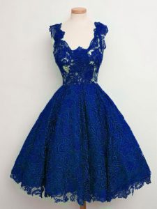 Classical Straps Sleeveless Quinceanera Dama Dress Knee Length Lace Royal Blue Lace