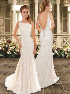 Scoop Sleeveless Lace Wedding Dress Appliques and Embroidery Sweep Train Backless