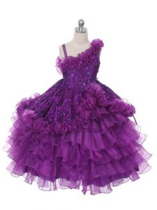 Ball Gowns Girls Pageant Dresses Purple Asymmetric Organza Sleeveless Floor Length Lace Up