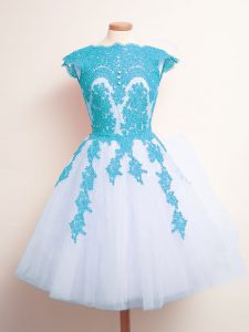Blue And White Sleeveless Tulle Lace Up Quinceanera Court of Honor Dress for Prom and Party and Wedding Party