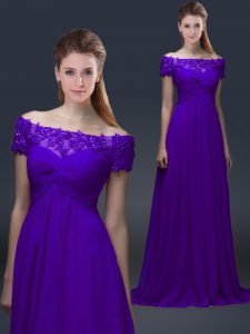 Purple Chiffon Lace Up Mother of Bride Dresses Short Sleeves Floor Length Appliques