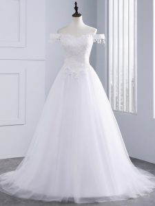 Sophisticated White Off The Shoulder Neckline Lace and Appliques Wedding Gowns Sleeveless Lace Up