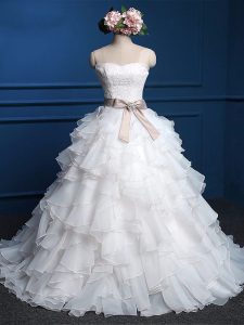 Deluxe White Lace Up Sweetheart Lace and Ruffles Wedding Gown Organza Sleeveless