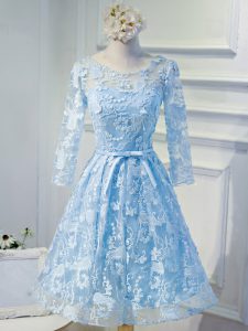 Beading and Appliques Light Blue Lace Up Long Sleeves Mini Length