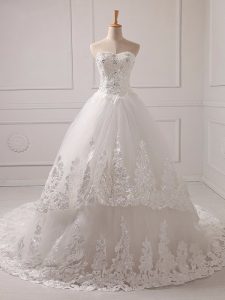 Sweetheart Sleeveless Brush Train Lace Up Bridal Gown White Tulle