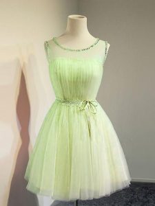 Sweet Yellow Green Empire Tulle Scoop Sleeveless Belt Knee Length Lace Up Bridesmaids Dress