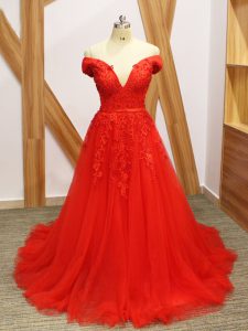 Coral Red A-line Lace and Appliques Going Out Dresses Lace Up Tulle Sleeveless