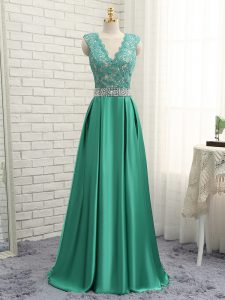 Pretty Empire Prom Party Dress Green V-neck Elastic Woven Satin Sleeveless Floor Length Backless