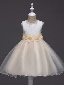 Customized Champagne Zipper Scoop Lace and Hand Made Flower Girls Pageant Dresses Tulle Sleeveless