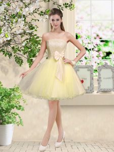 Perfect Off The Shoulder Sleeveless Lace Up Bridesmaid Dress Light Yellow Organza