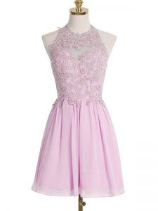 Dramatic Sleeveless Knee Length Appliques Lace Up Bridesmaid Gown with Lilac
