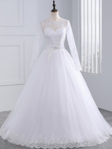 Low Price White Tulle Zipper Wedding Gown Long Sleeves Brush Train Lace and Appliques