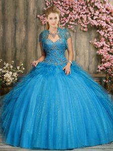 New Arrival Baby Blue Ball Gowns Sweetheart Sleeveless Tulle Floor Length Lace Up Beading Quinceanera Dresses