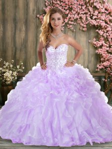 Sleeveless Organza Floor Length Lace Up Sweet 16 Dress in Lavender with Beading and Ruffles