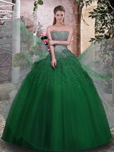 Noble Dark Green Strapless Lace Up Beading 15th Birthday Dress Sleeveless