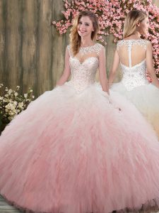 Sleeveless Organza Floor Length Zipper Sweet 16 Dress in Baby Pink with Beading and Ruffles
