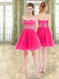 Captivating Hot Pink A-line Beading and Ruffles Homecoming Party Dress Lace Up Tulle Sleeveless Mini Length