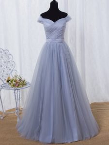 Custom Made Lavender A-line Off The Shoulder Sleeveless Tulle Floor Length Lace Up Ruching and Belt Prom Dresses