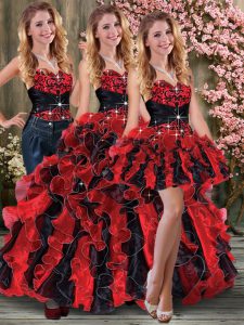 Custom Made Sleeveless Organza Floor Length Lace Up Quince Ball Gowns in Red And Black with Embroidery and Ruffles