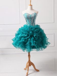 Fancy Teal Sleeveless Mini Length Beading and Ruffles Lace Up Prom Evening Gown