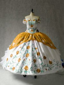 Multi-color Ball Gowns Off The Shoulder Cap Sleeves Organza and Taffeta Floor Length Lace Up Embroidery and Ruffles Swee