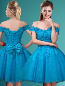 Fabulous Aqua Blue Lace Up Bridesmaids Dress Lace and Belt Cap Sleeves Knee Length