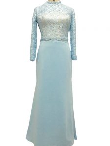 Light Blue Chiffon Side Zipper High-neck Long Sleeves Floor Length Mother of Groom Dress Lace