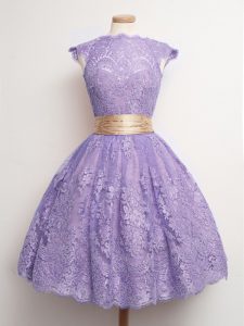Fabulous Lavender High-neck Lace Up Belt Quinceanera Court Dresses Cap Sleeves