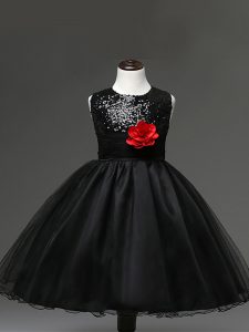 High End Black Ball Gowns Sequins and Hand Made Flower Kids Formal Wear Zipper Tulle Sleeveless Knee Length