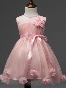 Classical Pink Zipper Flower Girl Dress Hand Made Flower Sleeveless Knee Length