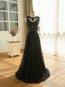 Latest Floor Length Black Evening Dress Tulle Sleeveless Lace and Appliques
