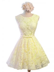 Captivating Knee Length Yellow Wedding Guest Dresses Lace Sleeveless Belt