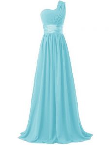Colorful Aqua Blue Empire Chiffon One Shoulder Sleeveless Ruching Floor Length Lace Up Dama Dress