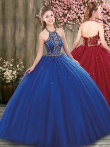 Hot Sale Royal Blue Sleeveless Floor Length Beading Lace Up Sweet 16 Quinceanera Dress