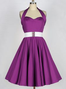 Nice Knee Length Lace Up Vestidos de Damas Purple for Prom and Party and Wedding Party with Belt
