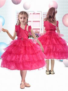 Fuchsia Little Girls Pageant Dress Party and Wedding Party with Ruffled Layers and Sequins One Shoulder Sleeveless Lace 