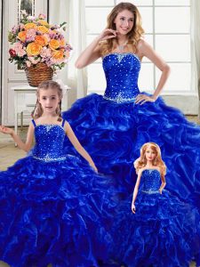 Comfortable Royal Blue Strapless Lace Up Beading and Ruffles Quinceanera Dresses Sleeveless