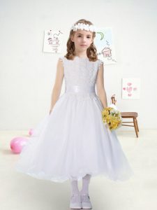 White A-line Tulle Bateau Cap Sleeves Lace and Belt Tea Length Zipper Flower Girl Dresses for Less