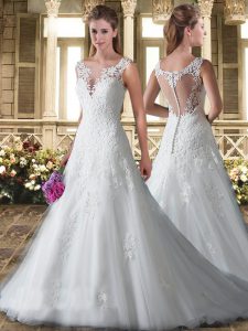 Admirable Sleeveless Sweep Train Appliques and Embroidery Clasp Handle Bridal Gown