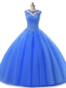 Floor Length Blue Quinceanera Gown Scoop Sleeveless Lace Up