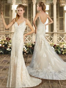 Exquisite White Sleeveless Sweep Train Appliques and Embroidery Wedding Gowns