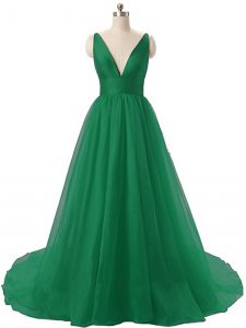 Dark Green Backless Prom Dresses Ruching Sleeveless Brush Train