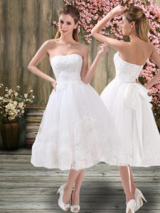 White A-line Organza Sweetheart Sleeveless Appliques and Embroidery and Belt Tea Length Lace Up Wedding Dress