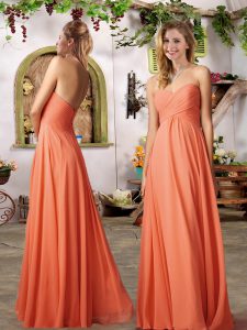 Best Orange Sleeveless Ruching Floor Length Bridesmaids Dress