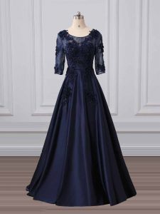 Lace and Appliques Mother of the Bride Dress Navy Blue Zipper 3 4 Length Sleeve Brush Train