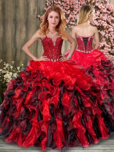Beautiful Red And Black Ball Gowns Beading and Ruffles Quince Ball Gowns Lace Up Organza Sleeveless Floor Length