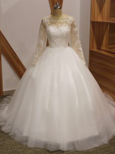 Top Selling White Wedding Gown Wedding Party with Lace Scoop Long Sleeves Brush Train Clasp Handle